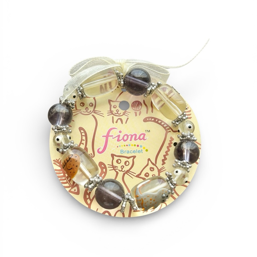 NWT Fiona Cat Beaded Bracelet Whimsical Stretch Art Jewelry